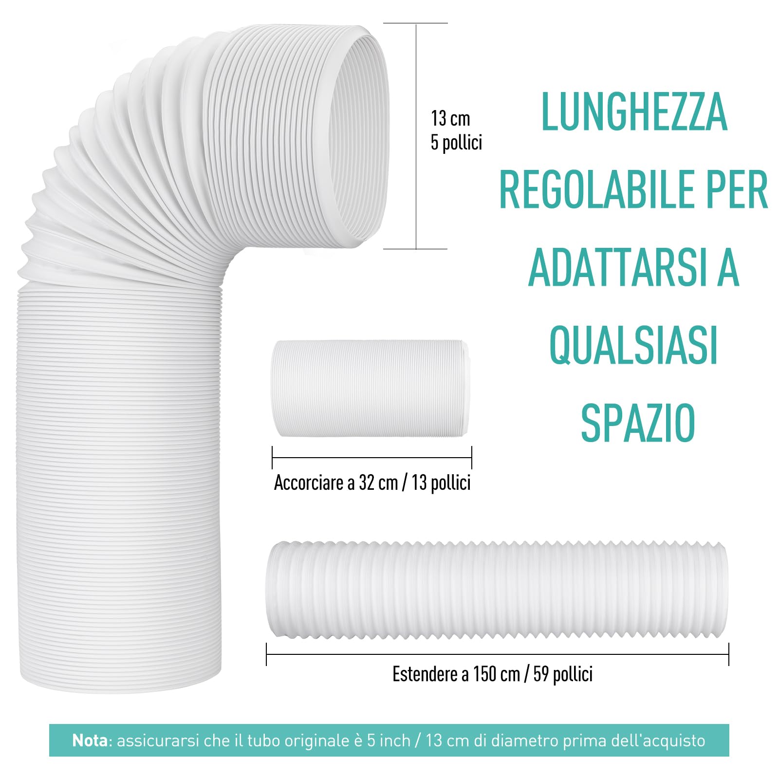 AGPTEK 13CM Tubo di Scarico del Condizionatore d'Aria Portatile, in PVC, Diametro 13 CM, Filettatura Oraria, Tubo di Ricambio Universale, Estensibile 150CM di Lunghezzaza