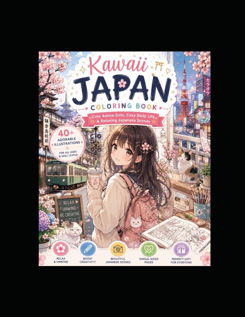 Kawaii Japan Coloring Book Beautiful Anime Girls, Festivals, Cafés, Sakura & Everyday Japan: Cute Anime Girls, Cozy Japanese Scenes, Kawaii Fashion, ... Moments for Stress Relief and Creativity