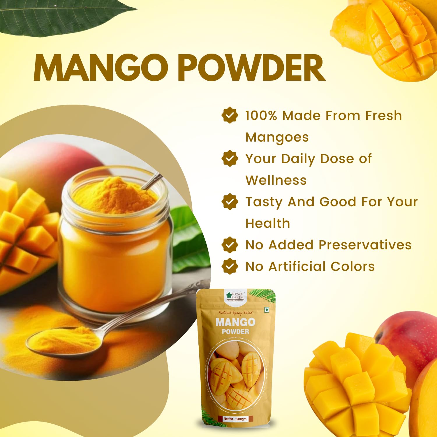 Bliss of Earth 200gm Mango Powder Natural Spray Dried king of fruits Vitamin A,C,K Rich for Smoothie,Shake,juice, cake and ice cream