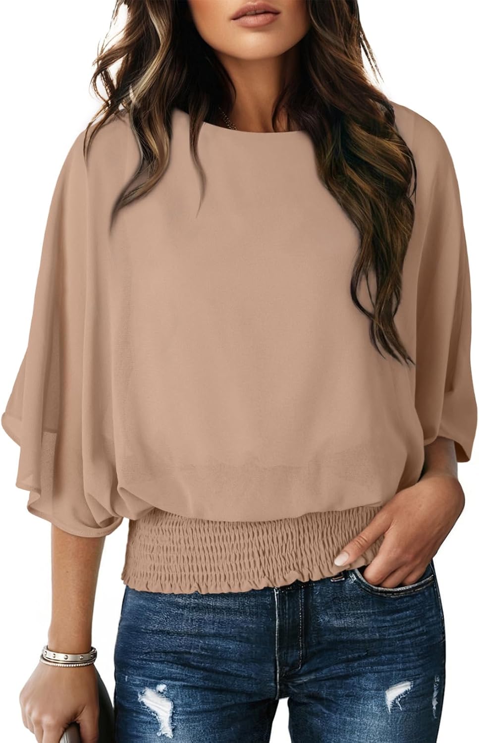 Womens Blouses Dressy Casual Boat Neck Flowy Chiffon Blouses Poncho Batwing Tops