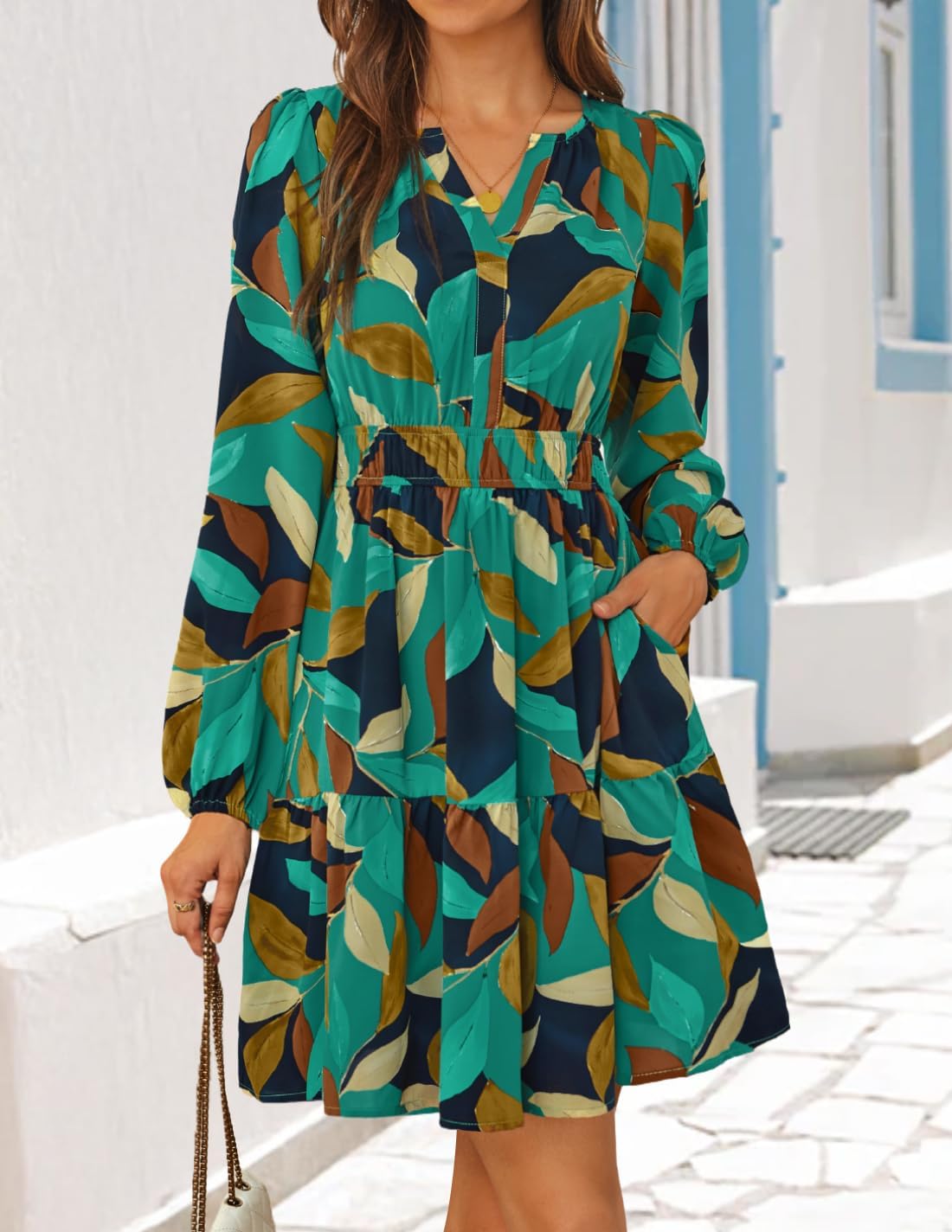 ZESICA Womens Spring Long Sleeve Floral Mini Dress 2026 Summer Boho V Neck A-Line Flowy Dresses Beach Vacation Clothes - Image 2