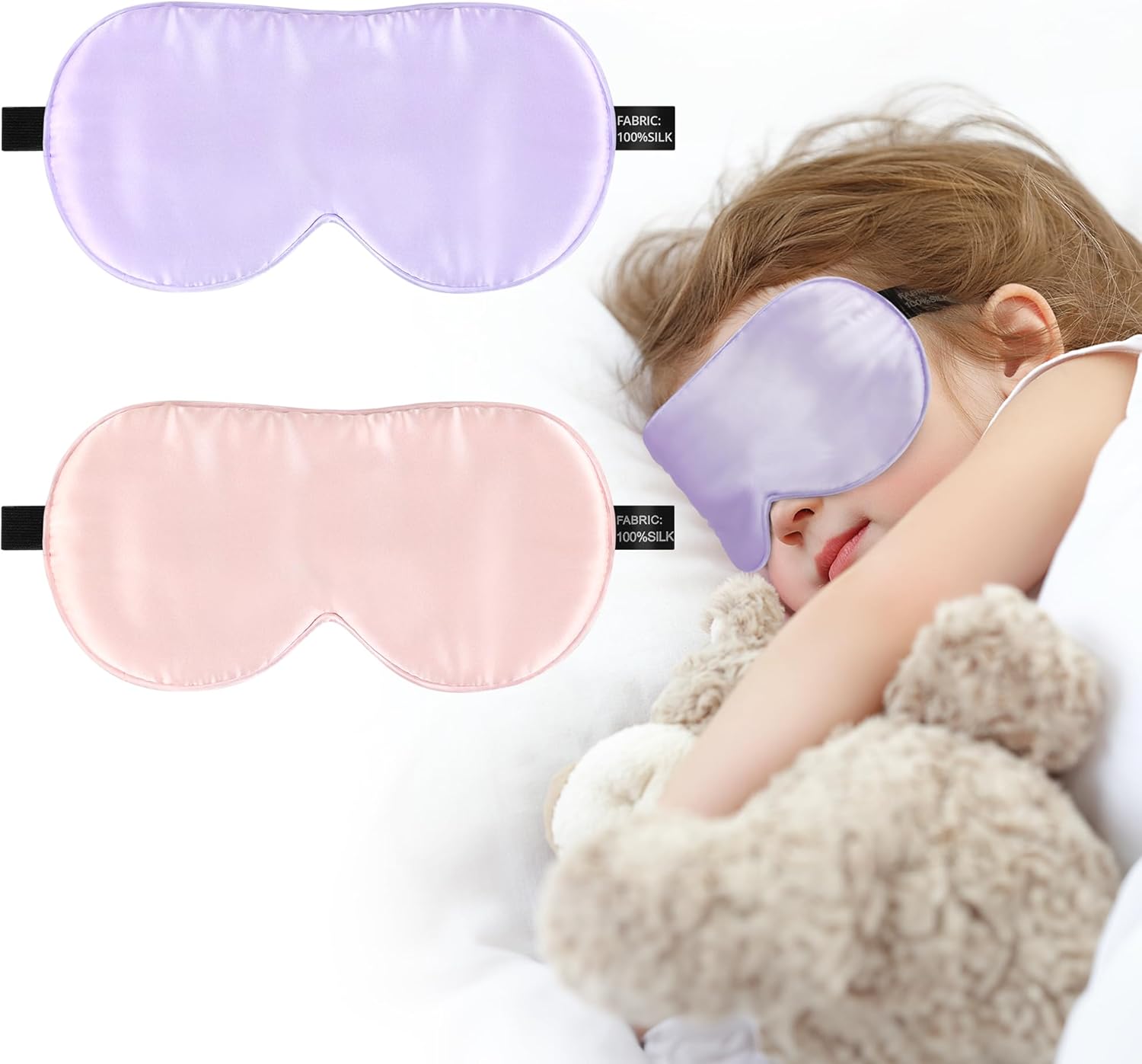 Silk Sleep Eye Mask for Kids, 100% Real Natural Pure Silk Sleeping Masks, Blindfold Sleep Eye Cover with Adjustable Strap, Soft & Lightweight Night Eyeshade for Boys Girls Teens (2 Pack)