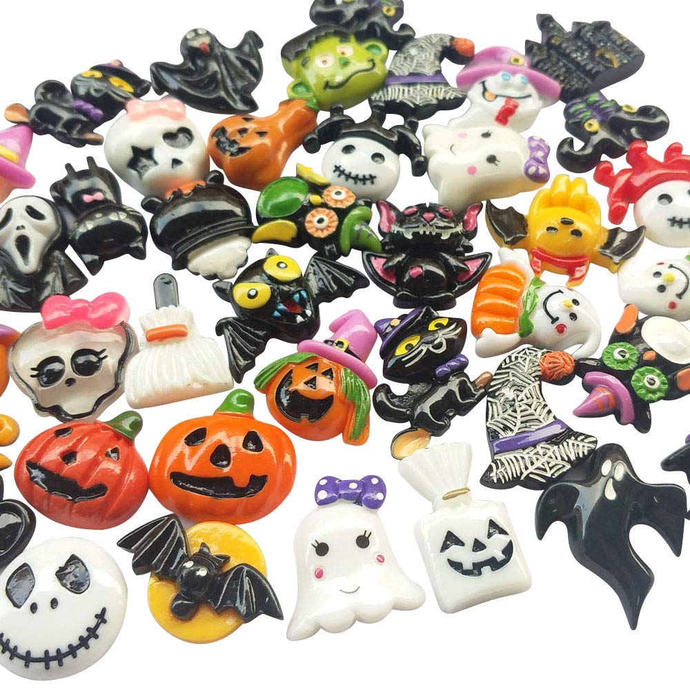 Chenkou Craft Ramdom 50pcs Mix Lots Resin Flatback Flat Back Halloween Craft Embellishment Wizard Pumpkin Lantern Ghost Spider Skull Castle