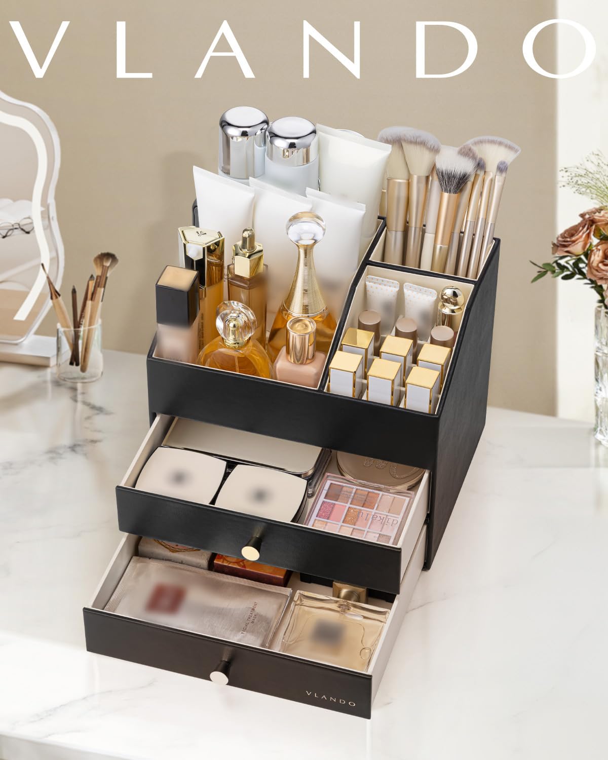 VLANDO Make-up-Organizer für Schminktisch, große Kapazität, Arbeitsplatten-Organizer mit Schubladen, PU-Leder, Kosmetik-Vitrine für Lippenstift, Pinsel, Hautpflege, Schlafzimmeraufbewahrung (schwarz)
