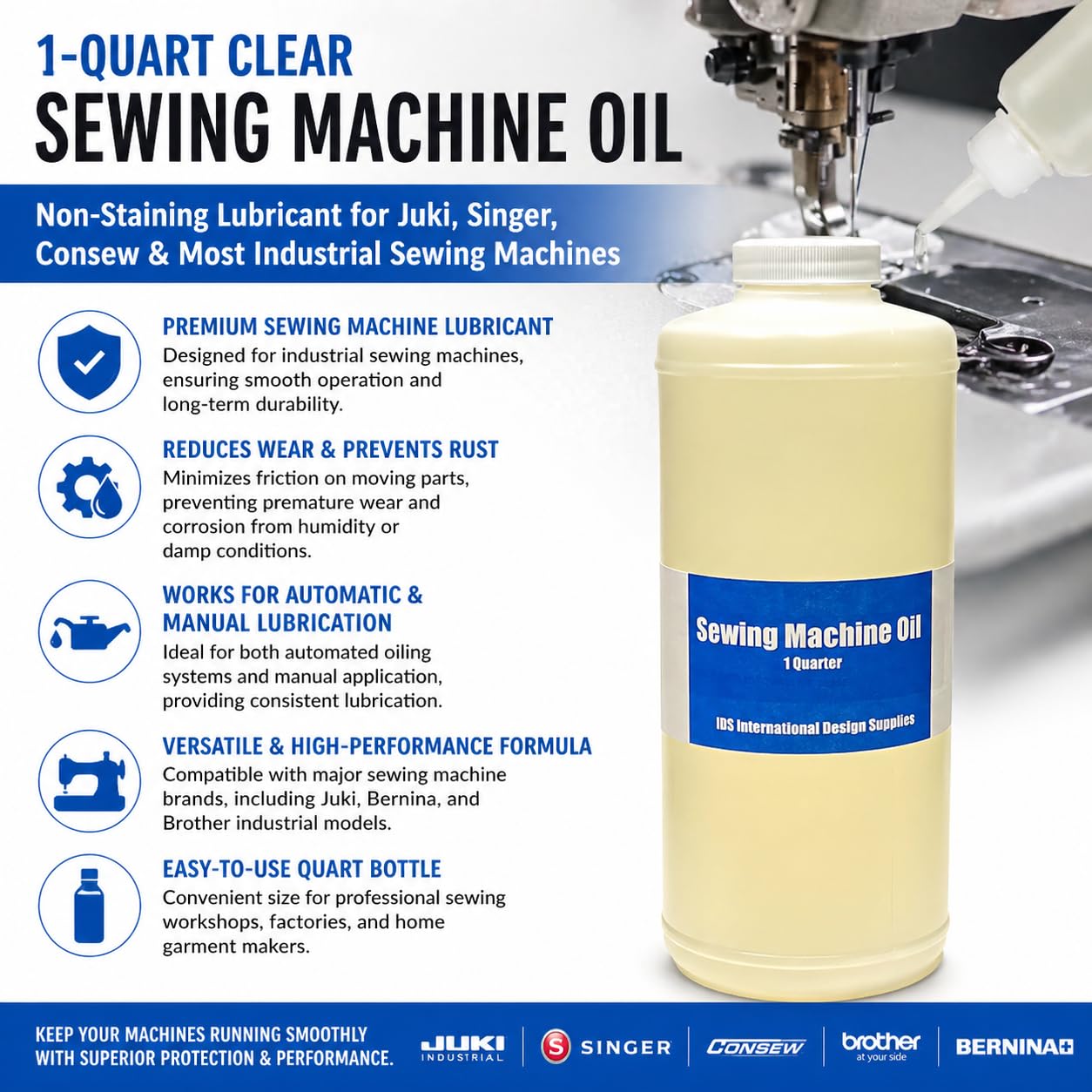 Amazon.com: 1-Quart Clear Sewing Machine Oil  Non-Staining Lubricant for  Juki, Singer, Consew & Most Industrial Sewing Machines : Arts, Crafts &  Sewing