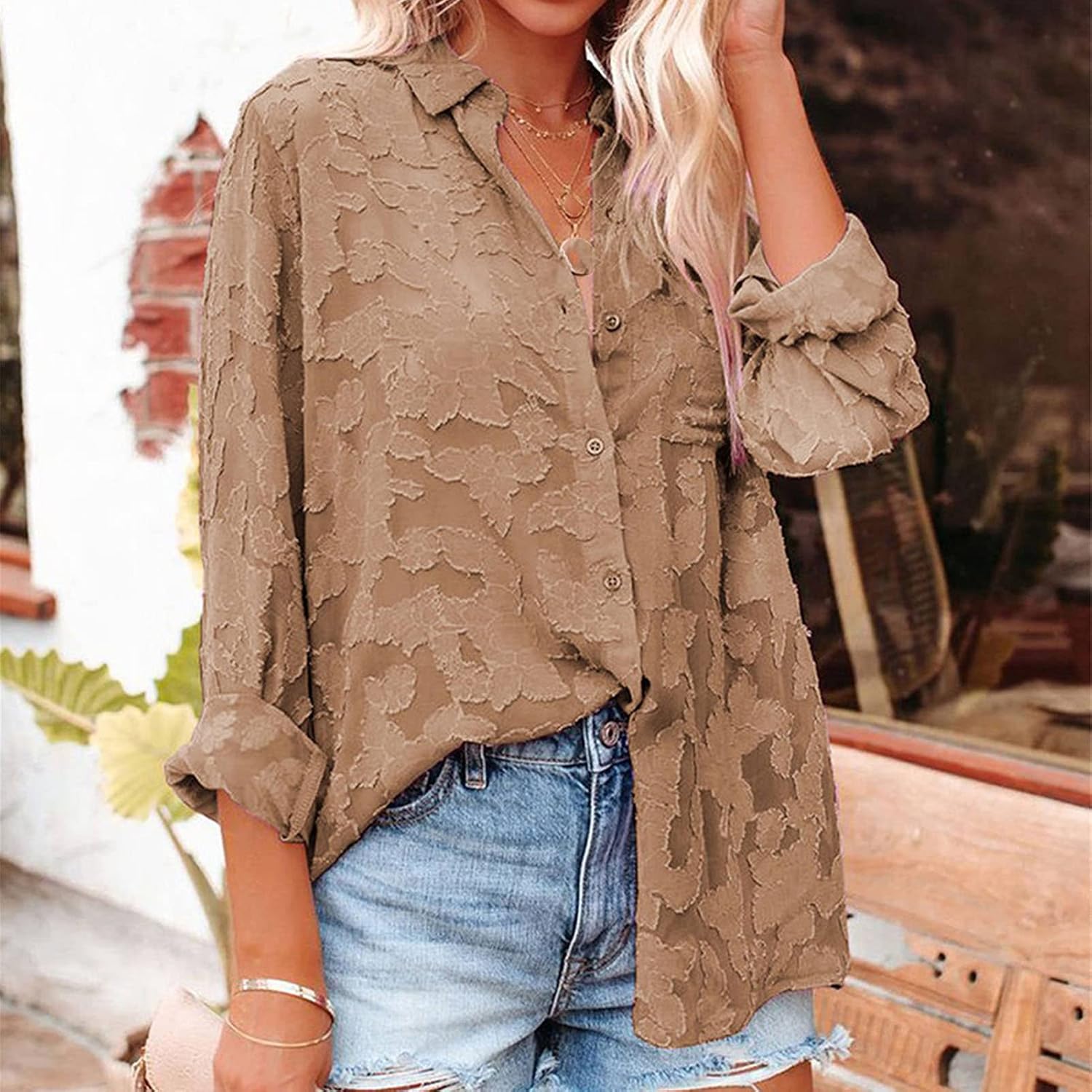 DGHM-JLMY Women Chiffon Jacquard Button Long Sleeve Shirt Blouse Solid Elegant Jacquard Shirt Floral Print Lace Chiffon Shirt