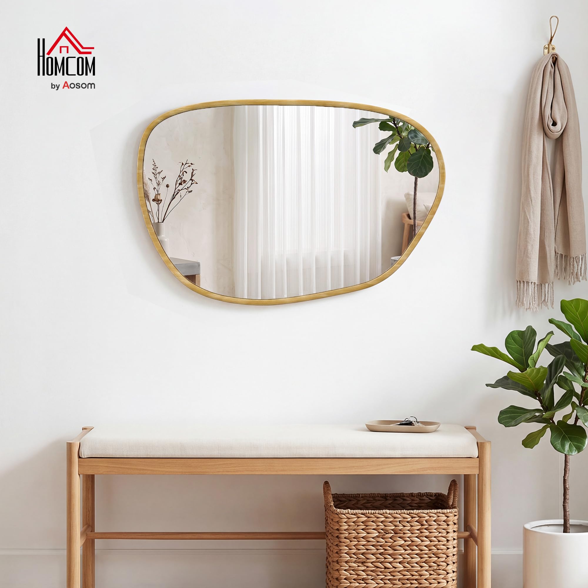 HOMCOM Espejo de baño asimétrico 90x60 cm Natural | Vidrio templado, decorativo, dormitorio, sala de estar, pasillo