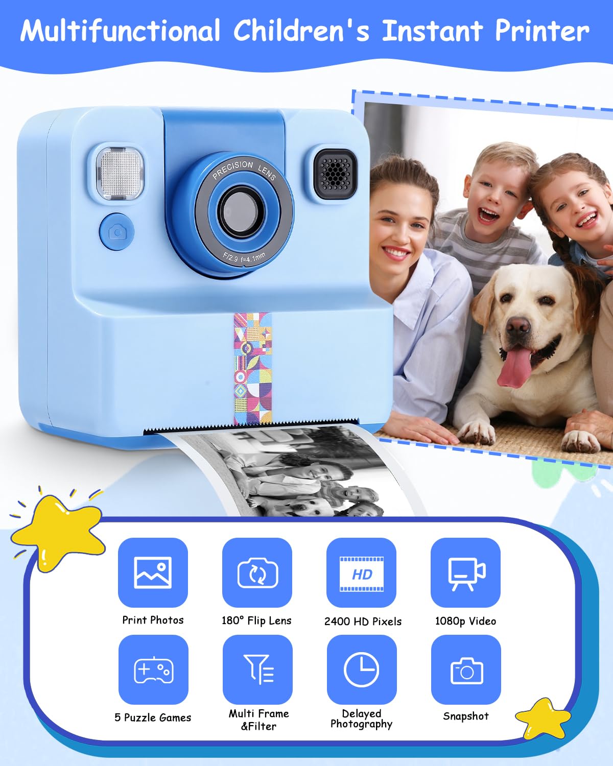 Cámara instantánea para niños, 1080P HD, cámara instantánea con impresión instantánea, tarjeta SD de 32 GB y 5 rollos de papel fotográfico, regalo para niñas y niños a partir de 3 – 12 años