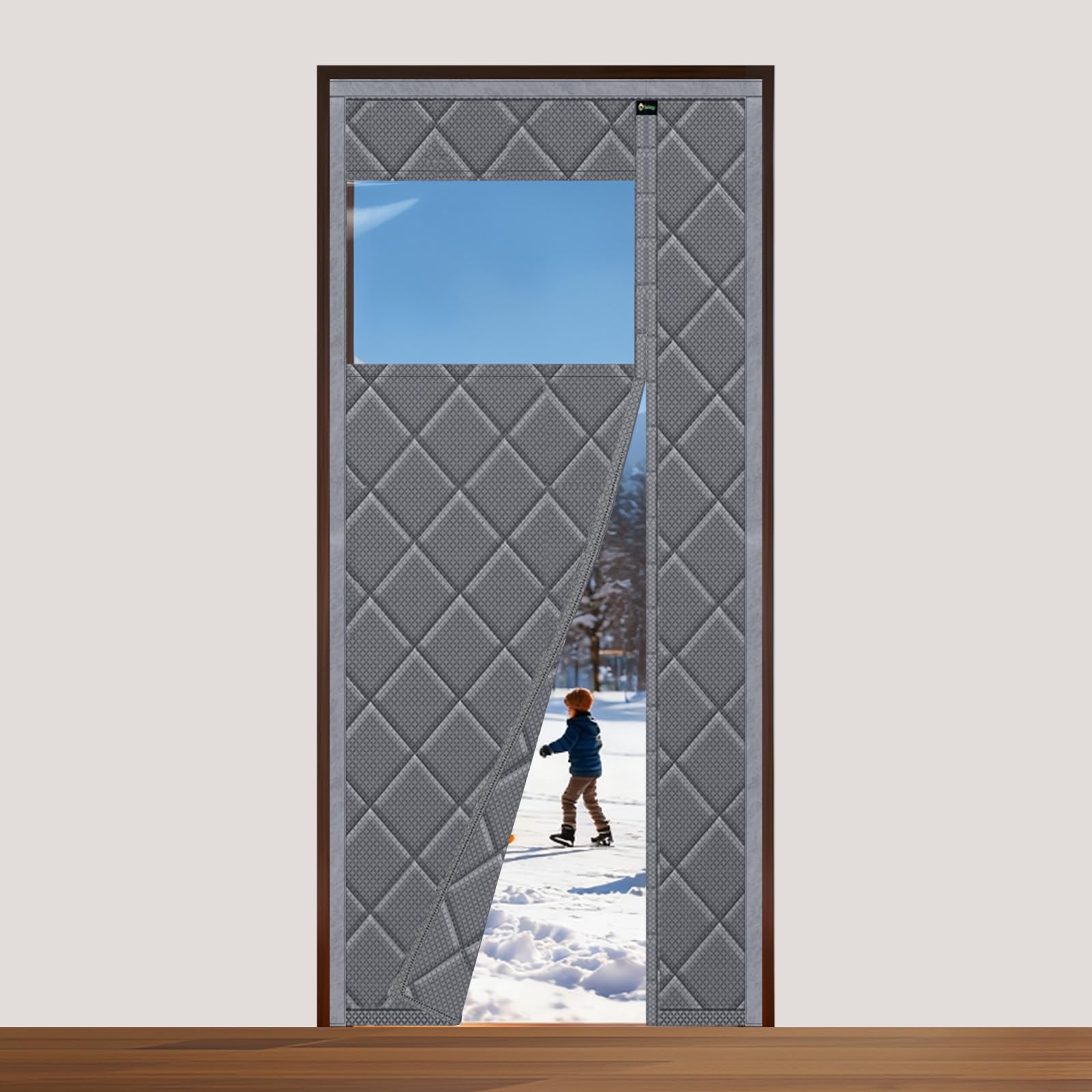 Sekey Magnetic Thermal Door Curtain 100 x 210 cm Cold Protection Heat Protection Curtain for Doors Side Opening Thermal Curtain No Drilling Balcony Door Fly Curtain (with Window)