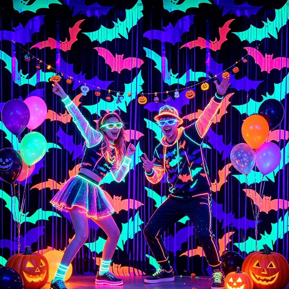 2 Pack Glow Blacklight Halloween Bat Foil Fringe Curtain, 3.3x6.6ft UV Blacklight ReactiveTinsel Backdrop for Halloween Glow Party Door Wall Photo Booth Decorations