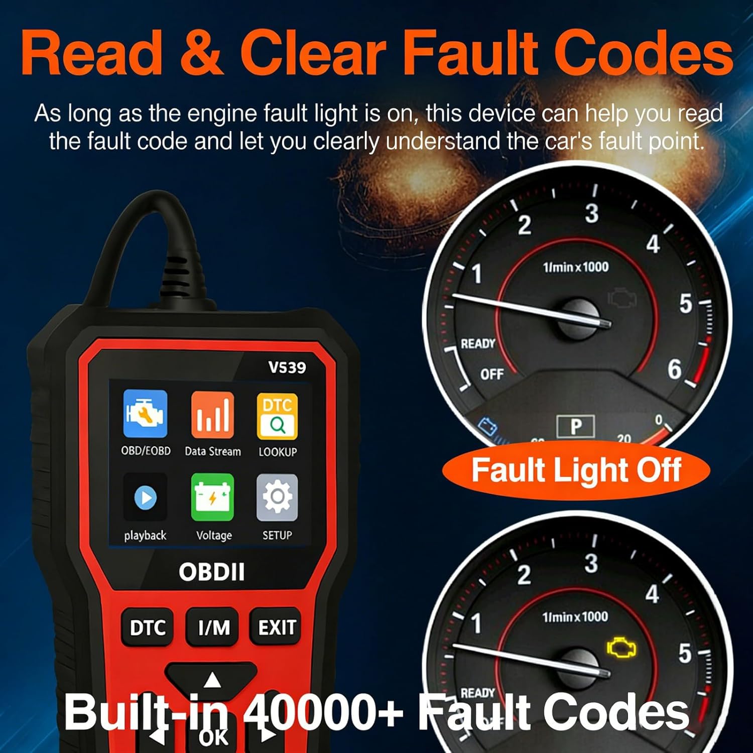 V539 OBDII scanner displaying fault codes and indicating fault light off