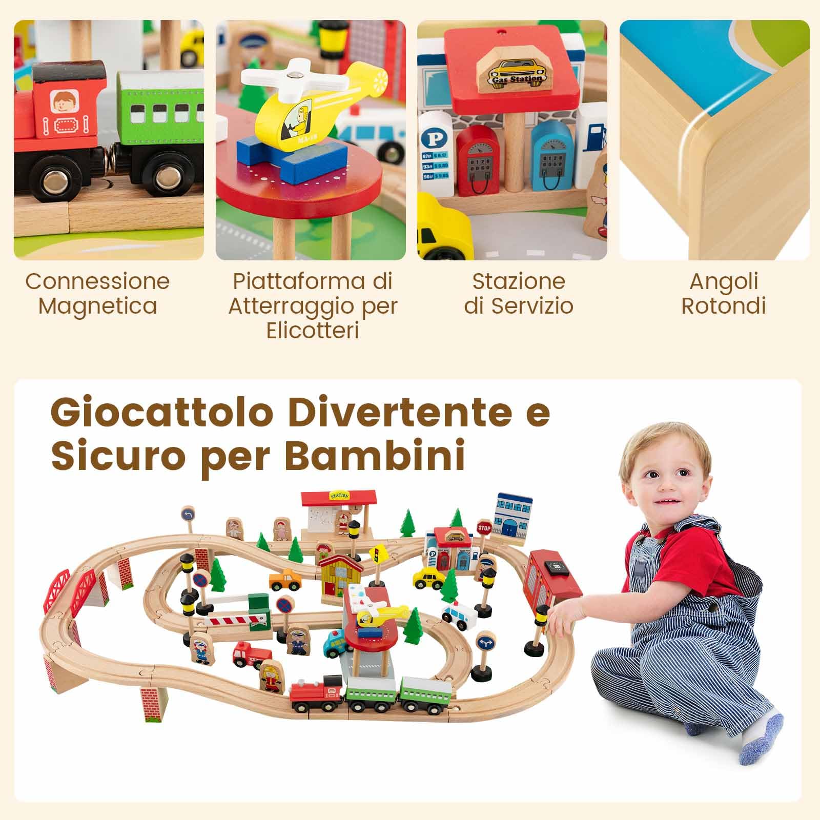 COSTWAY Tavolo e Set di Trenini in Legno, Tavolo Reversibile e Staccabile e Binari in Legno Massiccio, Set da Gioco Creativo 84/80 Pezzi, per Bambini 3 Anni+ (Stile 1)