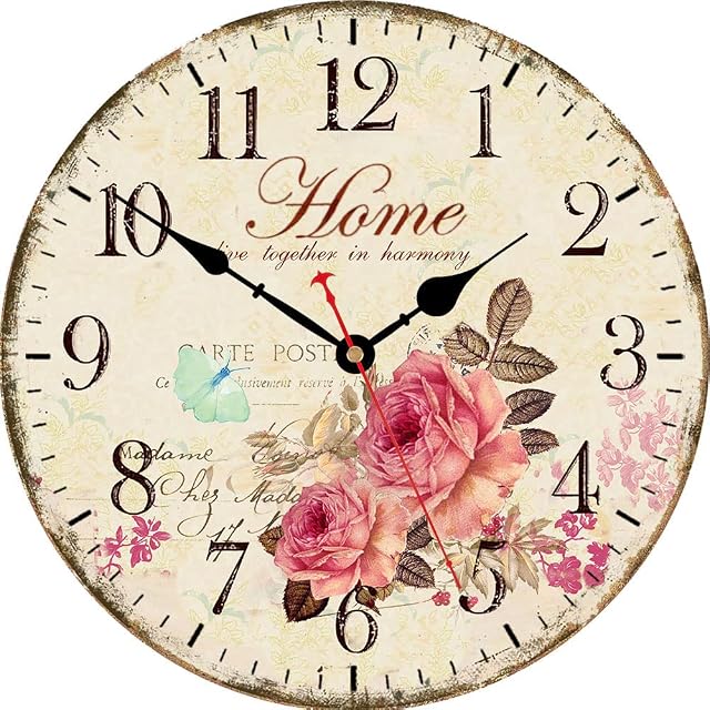 VIKMARI Wooden Decorative Wall Clock 14 Inch Art Hanging Clocks Silent Non-Ticking Wall Clock Battery Operated Round Home Flowers Style Arabic Numeral Wall Clocks