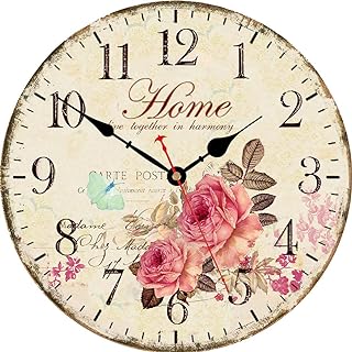 VIKMARI 14 Inch Wooden Wall Clock Art Hanging Clocks Silent Non-Ticking Wall Clock Battery Operated Round Home Flowers Style Arabic Numeral Decorative Wall Clocks