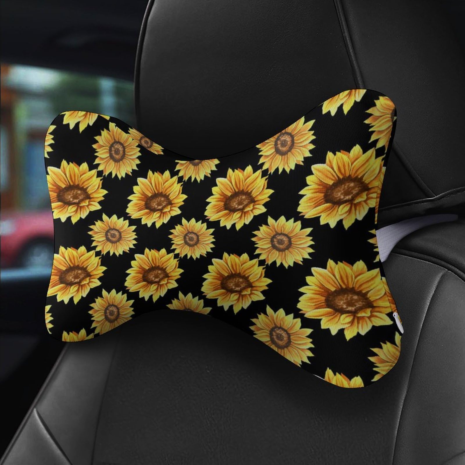 SMAZDFXX Sunflower Floral Car Neck Pillow Set of 2 Car Seat Head Support Cushion Bone Pillows with Elastic Strap