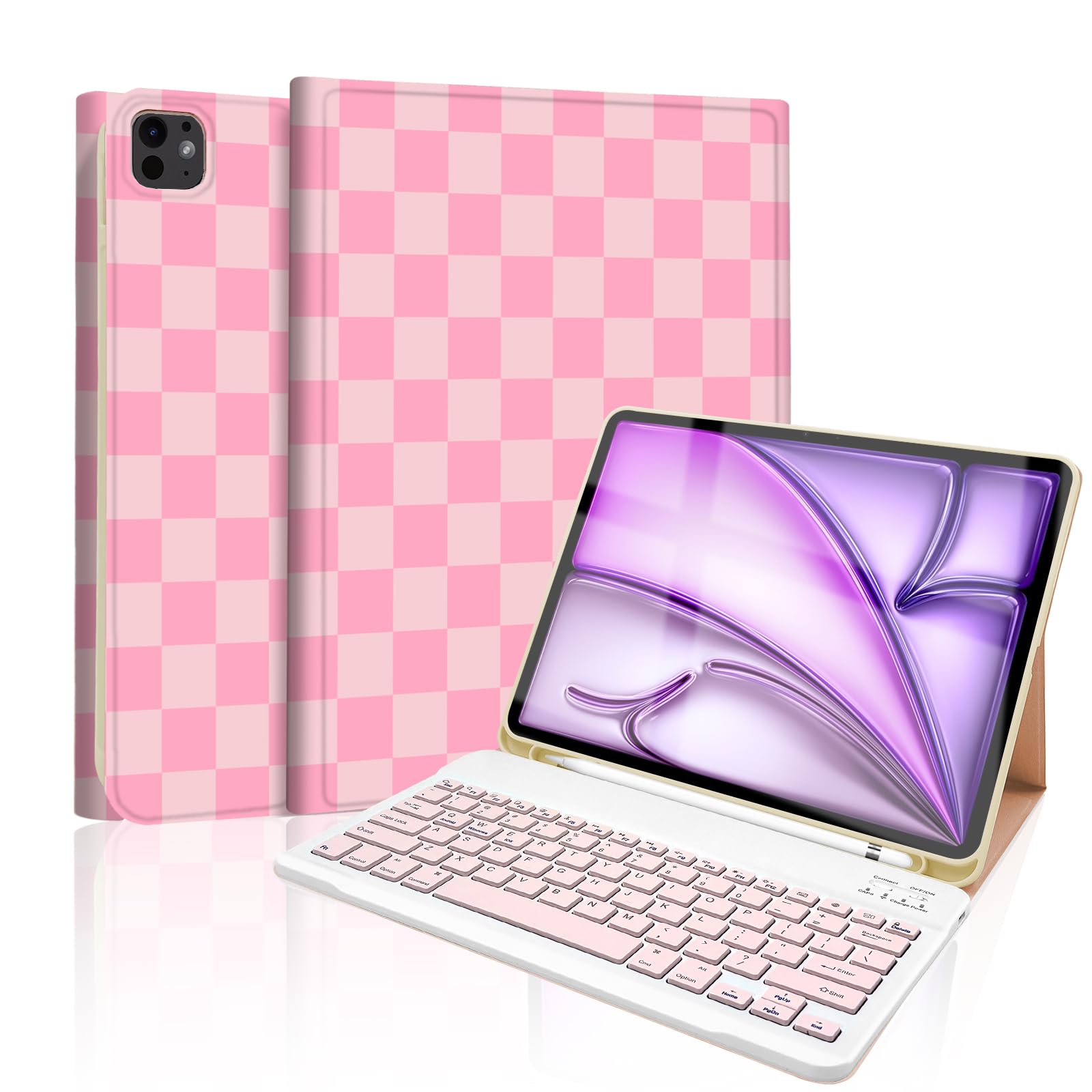Photo 1 of Mewealth for iPad Air 13-inch (M4/M3/M2-2026/2025/2024) Case with Keyboard, Wireless Keyboard Cover with Pencil Holder for iPad Pro 12.9 Inch 6th/5th/4th/3rd, Checkered Plaid Pink-Hot Pink