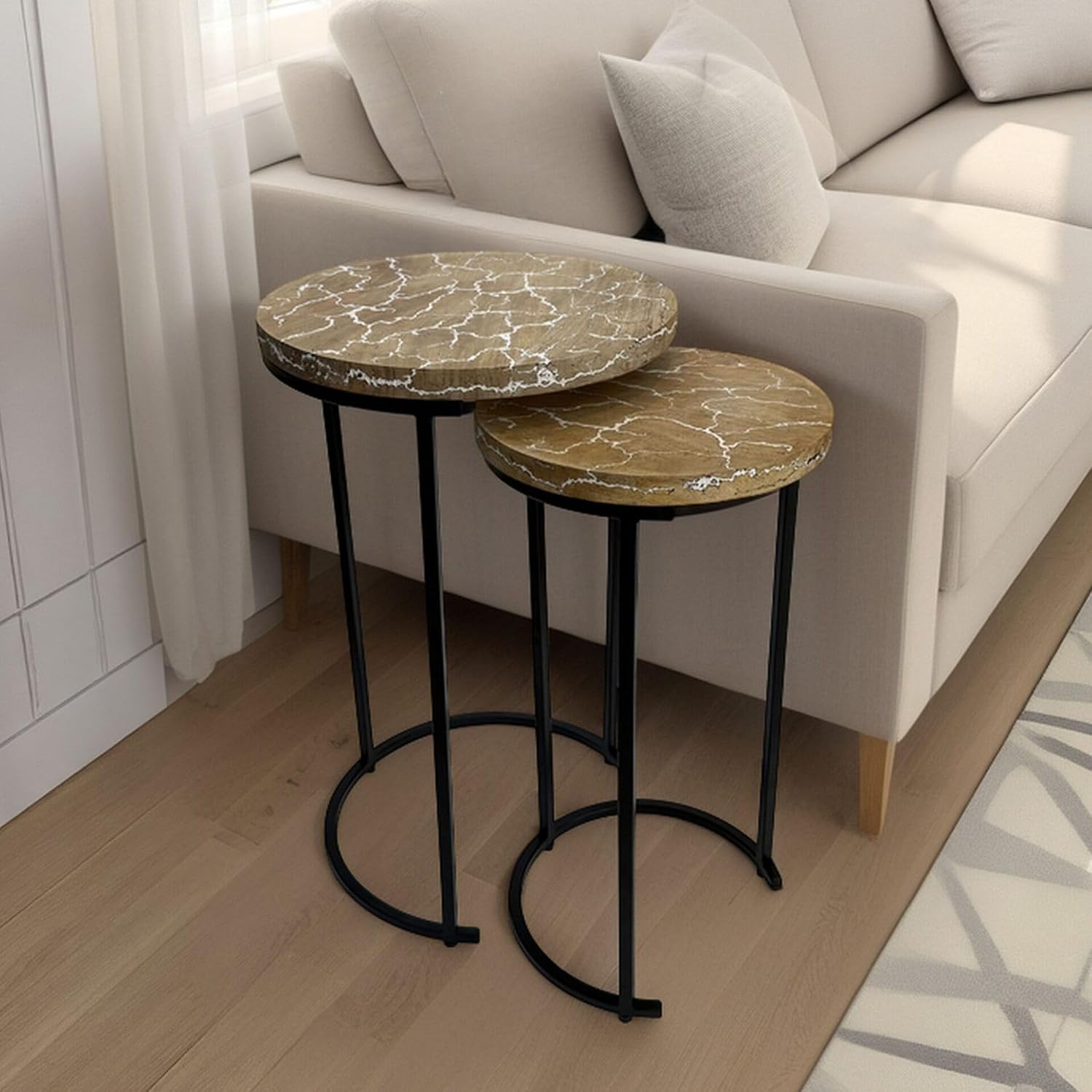 Carolina Chair & Table Electra Round Nesting Accent Table Set - Mango Wood Table with Lightning Vein Design Furniture, Modern Rustic Space-Saving Side Tables, Compact for Living Room and Bedroom