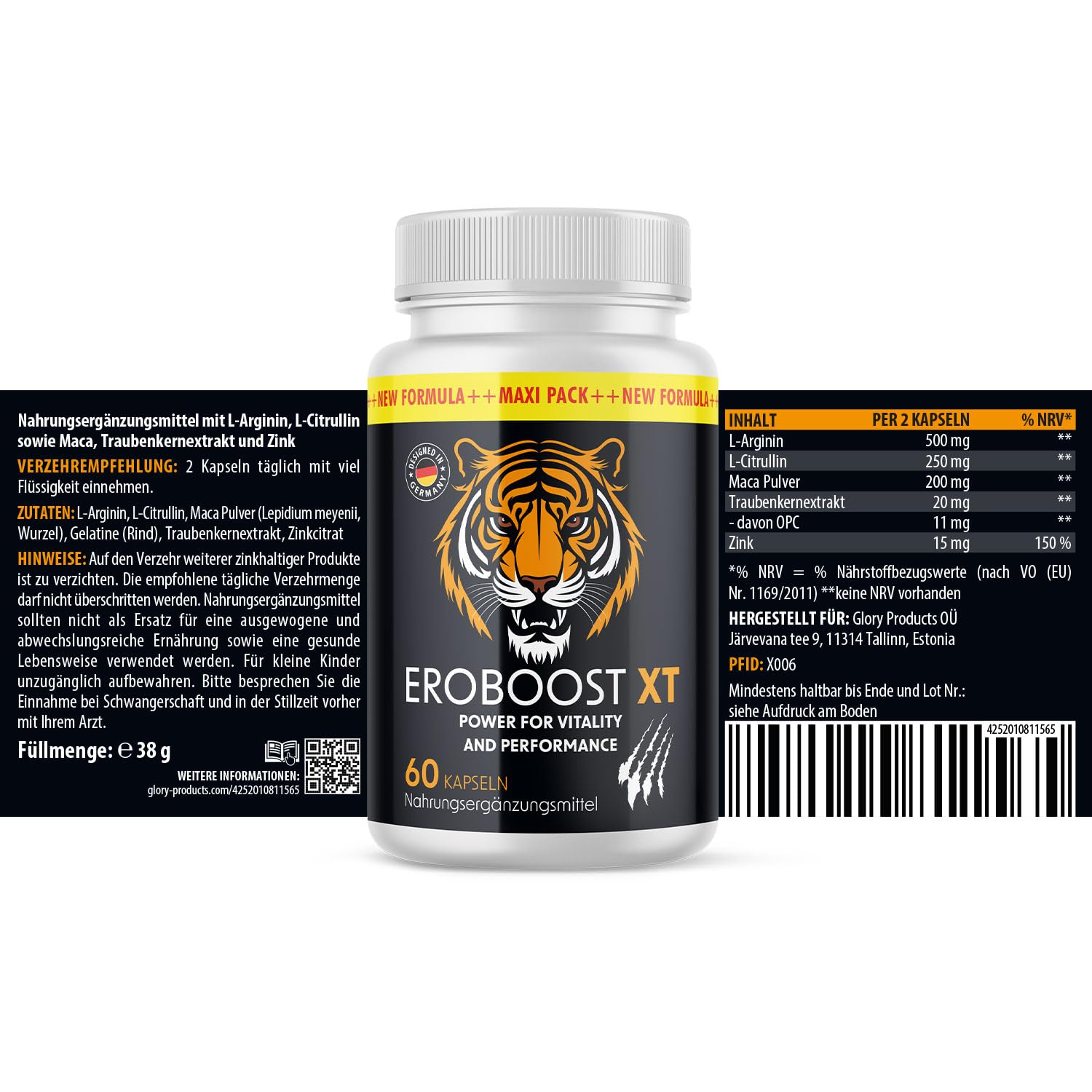 Eroboost XT – für Männer mit L-Arginin, Maca & Zink - Unterstützt die Fruchtbarkeit - 60 Kapseln pro Dose