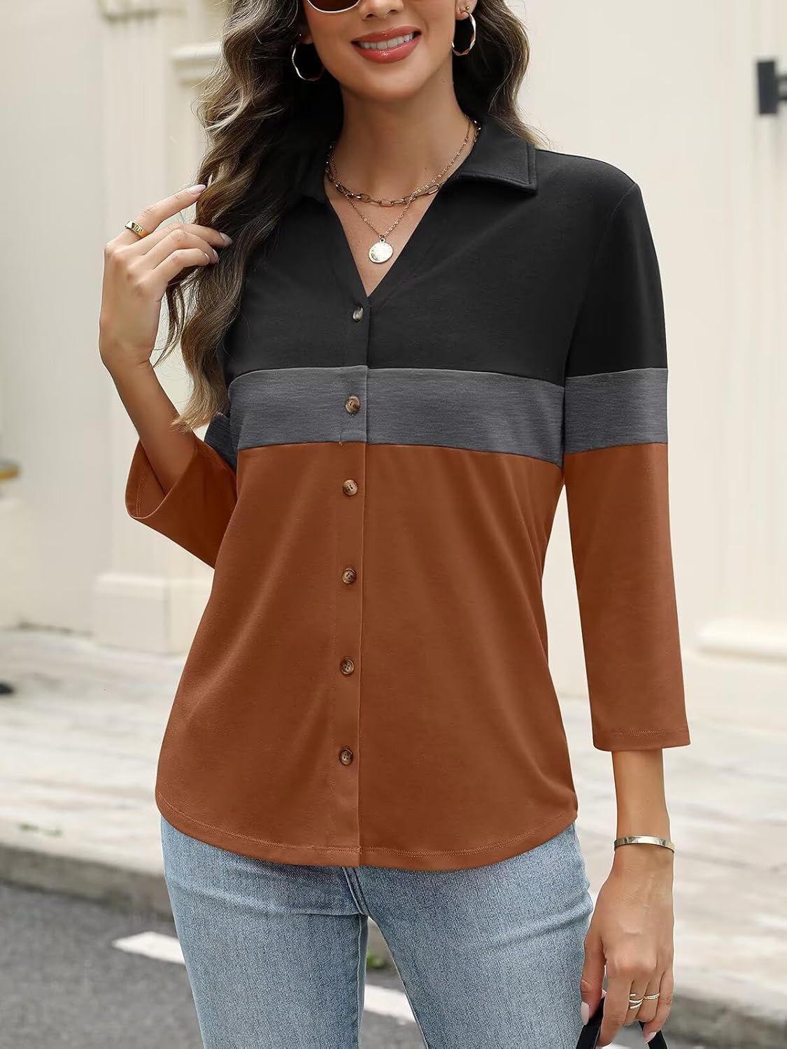 ORANDESIGNE Women's Button Down Shirts 3/4 Length Sleeve Polo Collared Tops Business Casual Color Block Summer Tees - Image 5