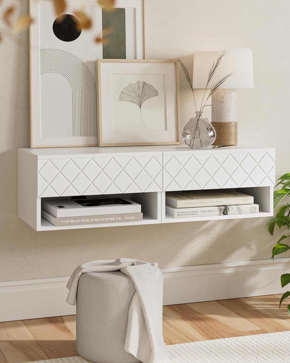HEYZOEY Table de Chevet Flottante Moderne - Petite Table de Nuit avec Tiroir - Étagères pour Chambre à Coucher, Salle de Bain - Diamant Blanc