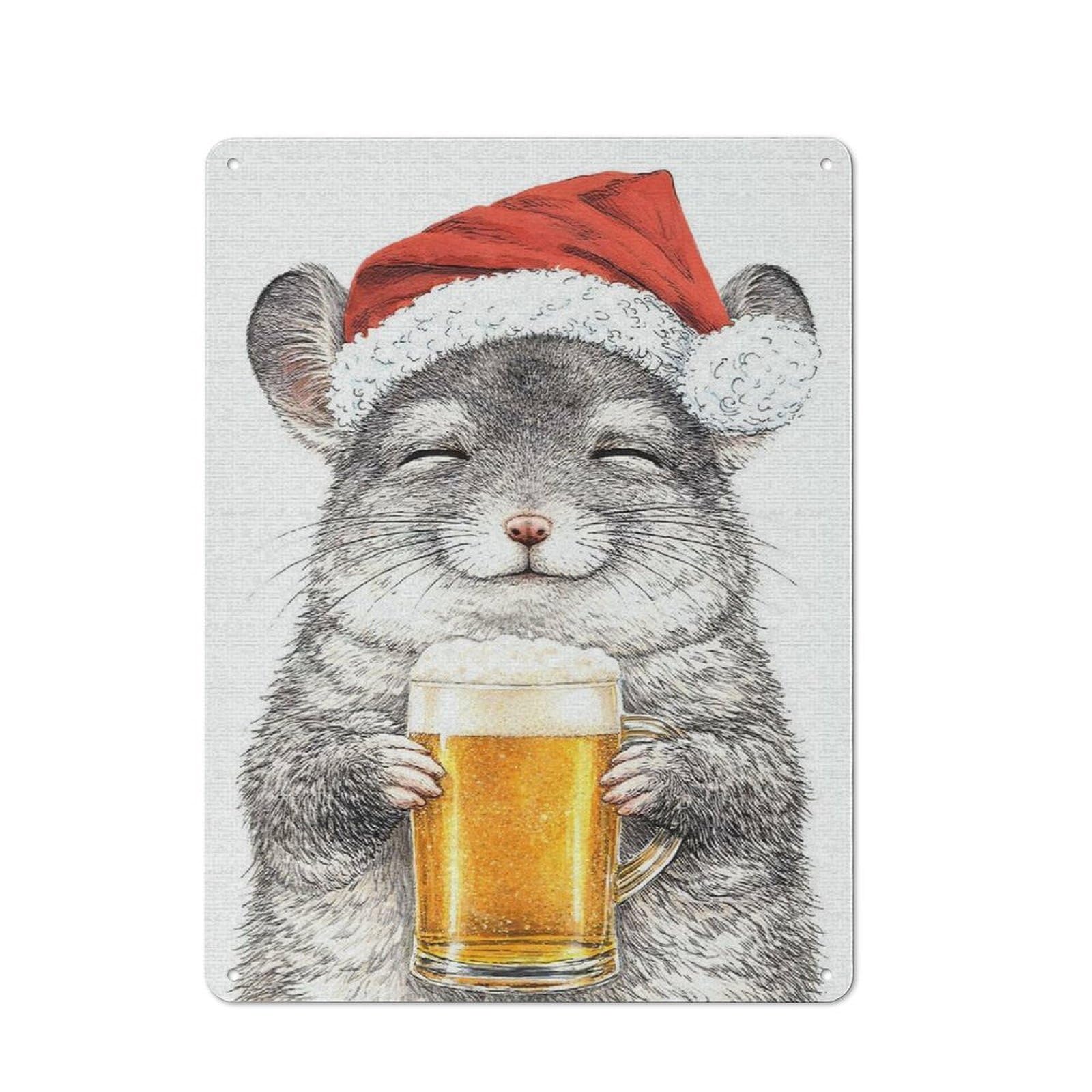 Industrial Chinchilla in Santa Hat with Beer Retro Metal Sign 40x30cm, Shed Wall Plaque for Garage, Workshop, Shed Or Utility Room