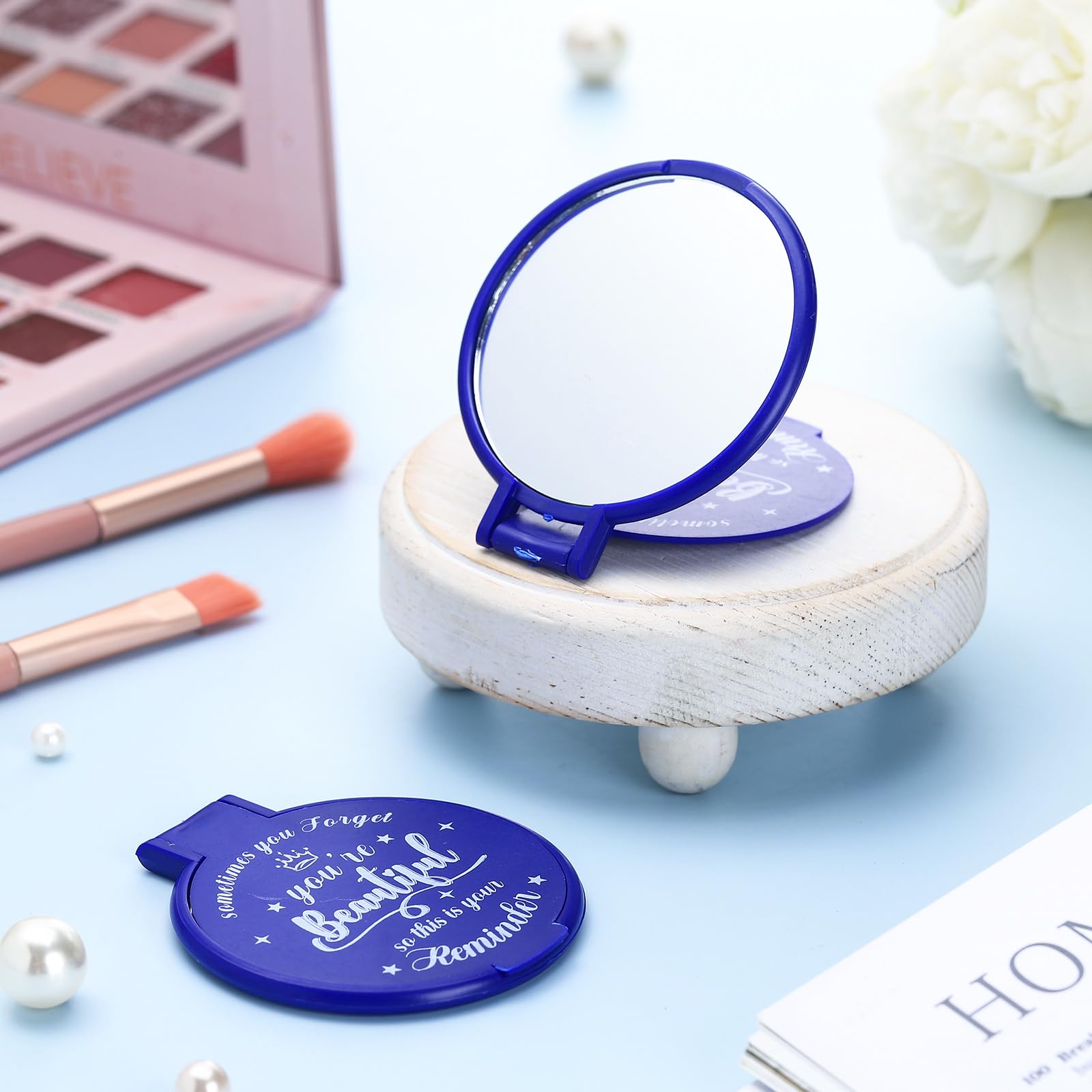 Gulfmew 36 Pcs 2.76 Inch Inspirational Compact Mirror Bulk Women Small Gifts Graduation Party Favors Purse Mirror Pocket Mini Stuffer Items for Adult Coworker Cheerleader Employee (Blue) - Image 4