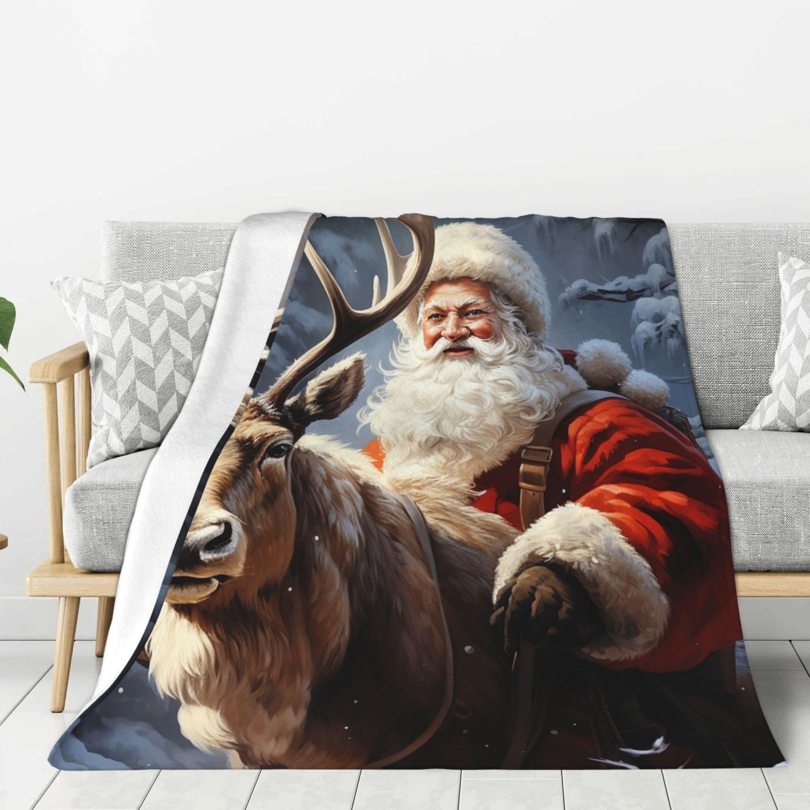 Santa Claus and Deer Elk Throw Blanket Plush Flannel Fleece Blanket, Soft Lightweight Cozy Blankets 50"X40" for Bed Couch Sofa Travel