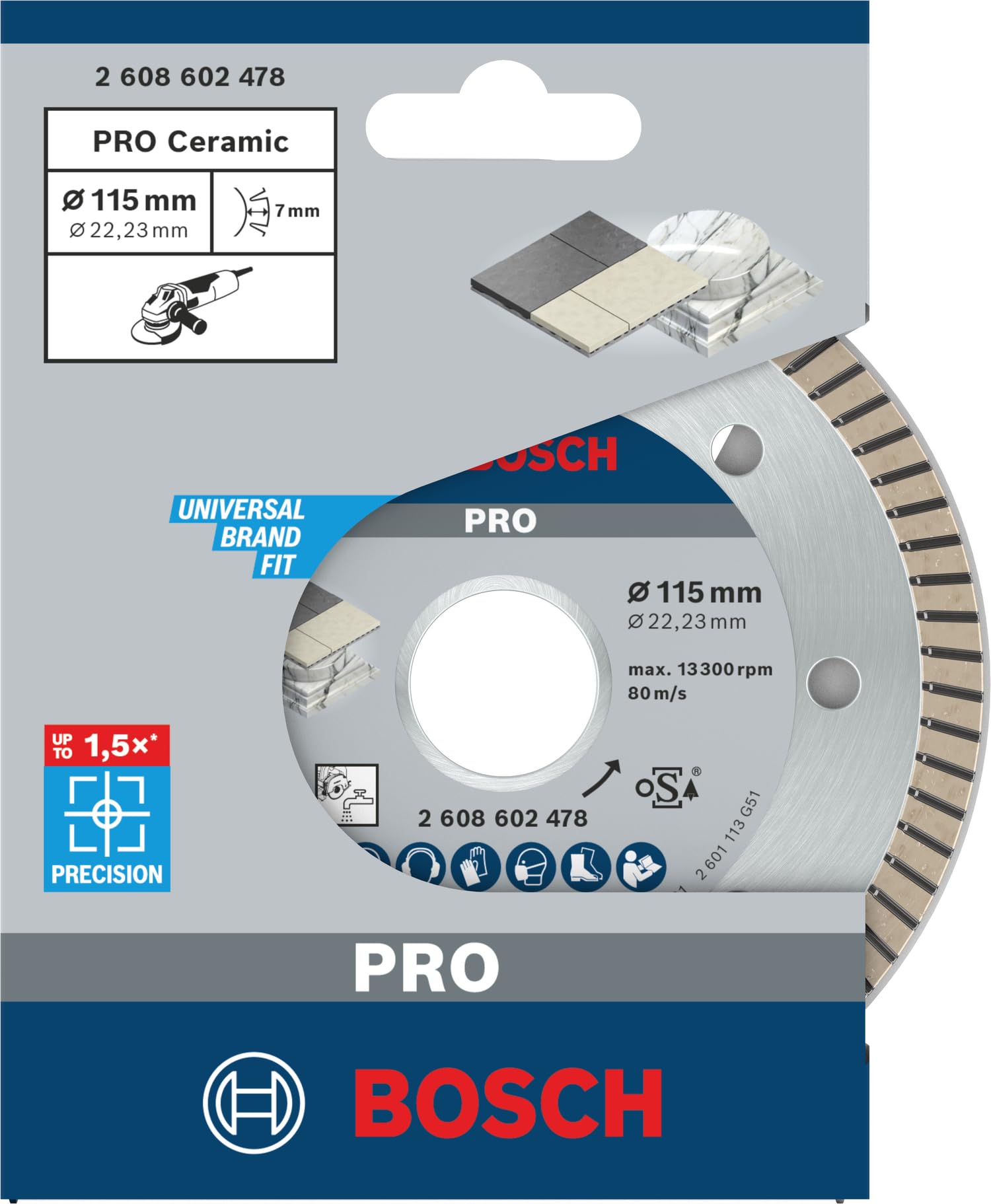 Bosch 2608602478 Disque à tronçonner diamanté Best for Ceramic Extra-Clean Turbo 115 x 22,23 x 1,4 x 7 mm, 1 pièce