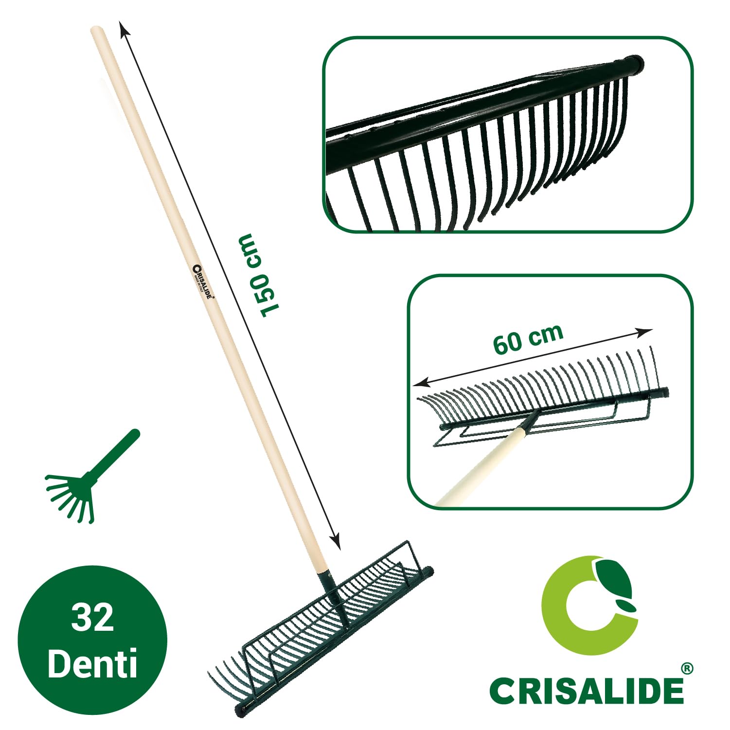 CRISALIDE® Rastrello per Fieno 32 Denti – Manico in Legno di Faggio 150 cm – Con Vite di Fissaggio Inclusa – Attrezzo da Giardinaggio e Agricoltura Professionale