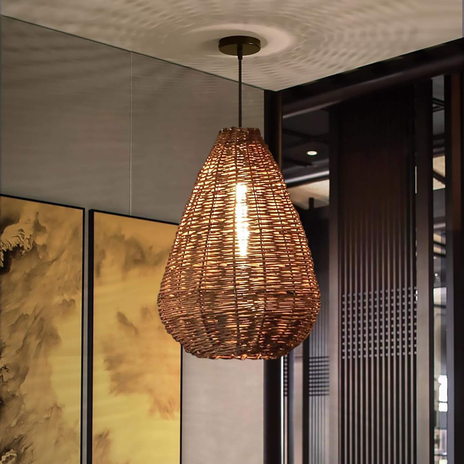 HYJAUSXB Handwoven Rattan Chandelier, Home Adjustable Pendant Light, Japanese Dining Room Kitchen Island Suspended Light Fixture, Rustic Farmhouse Ceiling Hanging Lamp