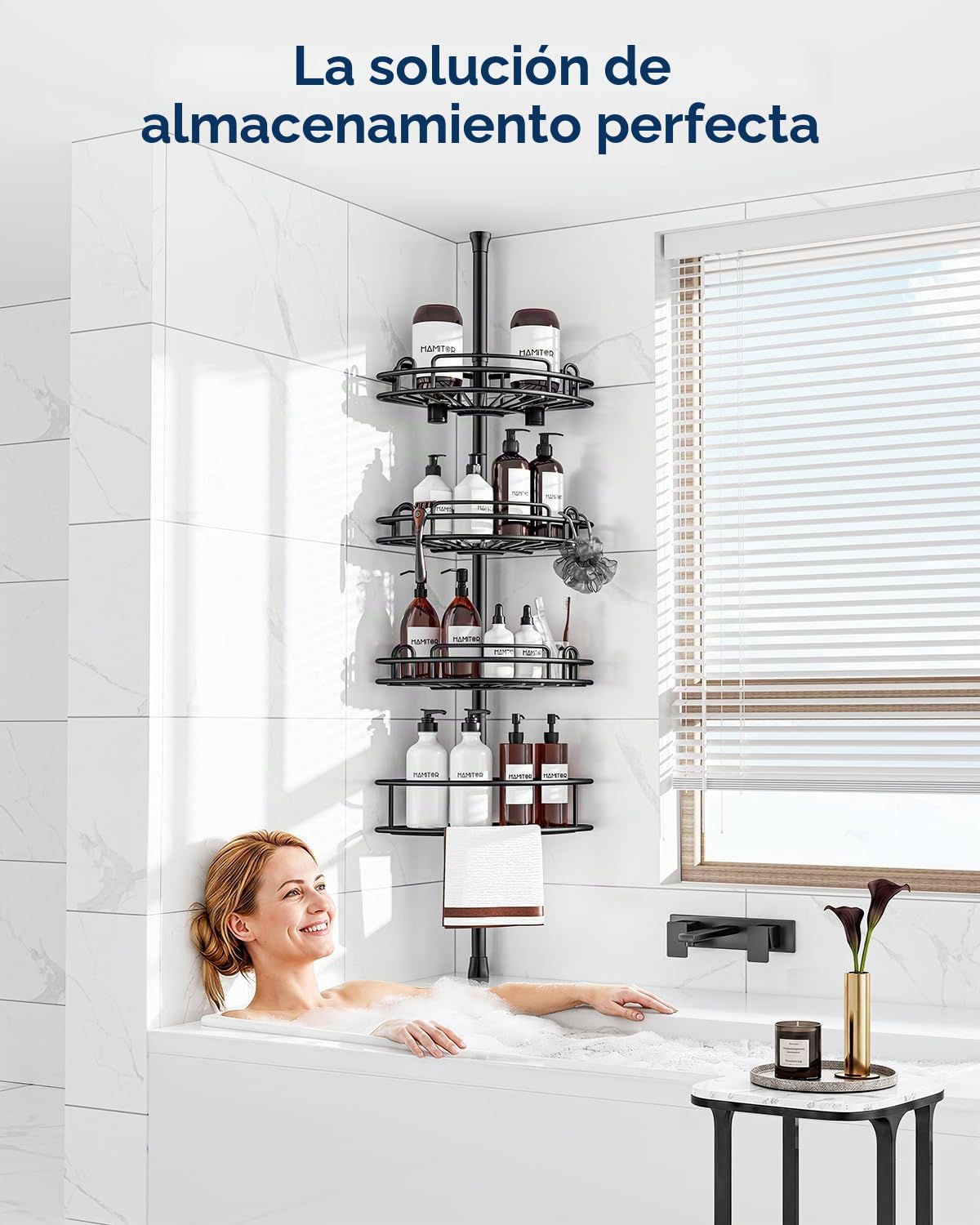 HAMITOR Estantería Baño Ducha Telescópica de 4 Pisos, Ángulo de Metal para Cuarto de Baño, sin Taladrar, Almacenamiento para Champús, Jabones y Geles de Ducha, Longitud Regulable 121-314 cm, Negro