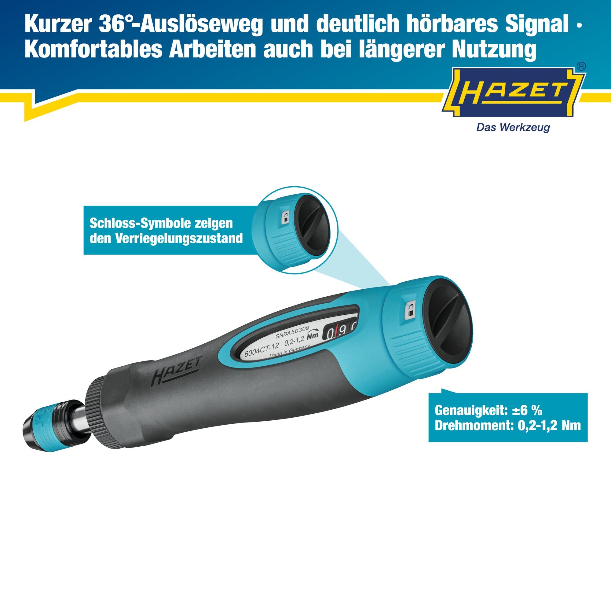HAZET Drehmomentschraubendreher 6004CT-12, 1/4" mit Standardgriff, 0.2-1.2 Nm, 6% Genauigkeit, 196 mm Länge, umschaltbar rechts/links, Freilaufmechanismus