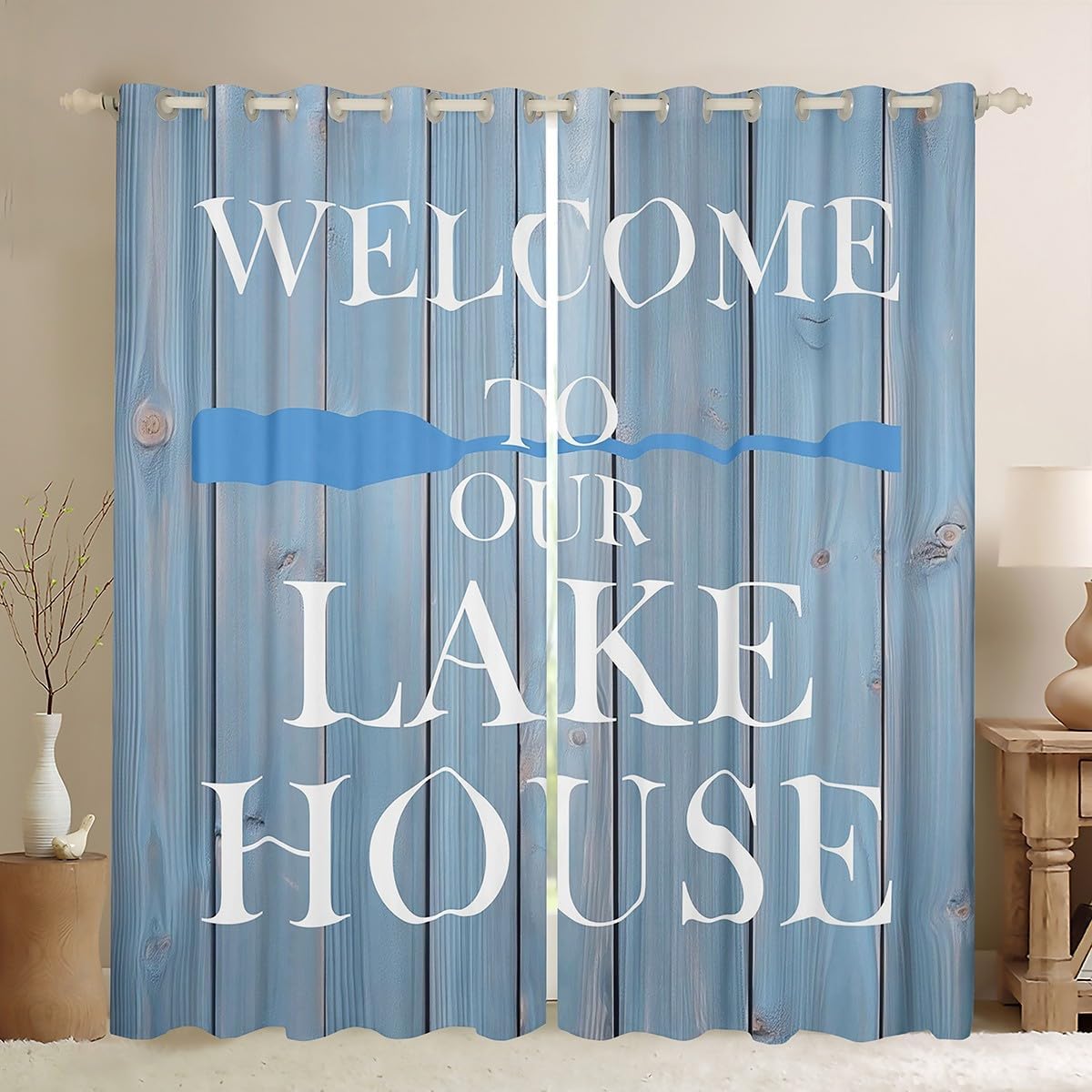 Lake House Window Curtains Cabin Rustic Farmhouse Style Window Drapes, Blue Wooden Plank Lake Themed Window Treatments, Kids Boys Girls Room Decor, Grommet Top 2 Panel Set Curtains, 38Wx45L inch