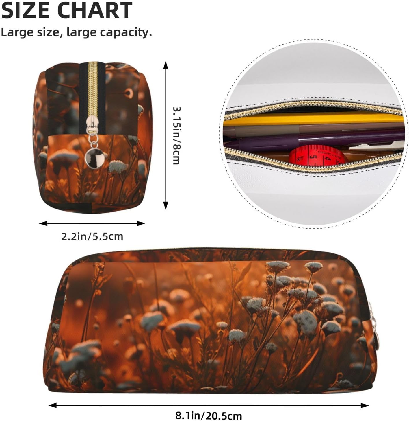 Leather Makeup Bag for Purse Travel Portable Small Pencil Bags for Women Men Flowers in the sunset Cosmetic Bag with Zipper Pencil Pouch Aesthetic Coin Pouch Adults Desk Organizer image 4