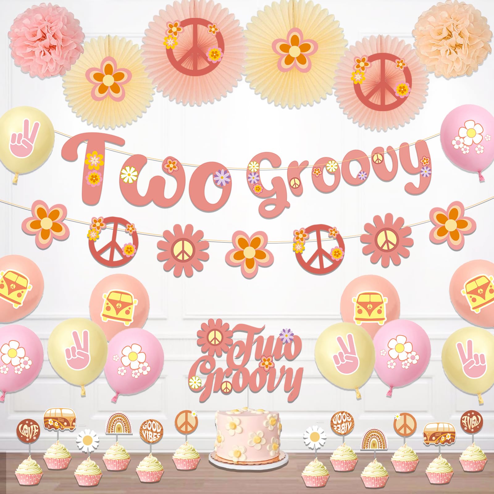 Photo 1 of Two Groovy Party Decorations, Hombae Boho Two Groovy Birthday Decorations, Two Groovy Banner Cake Topper Peace Sign Boho Flower Bohemian Paper Fans Hippies Bus Balloon Cupcake Toppers