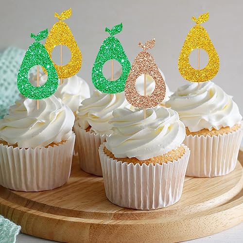 Miniatura 4 de Decoración para cupcakes de aguacate y frutas, con purpurina verde y dorada, para baby shower, decoración de pasteles para fiestaaguacate feliz,