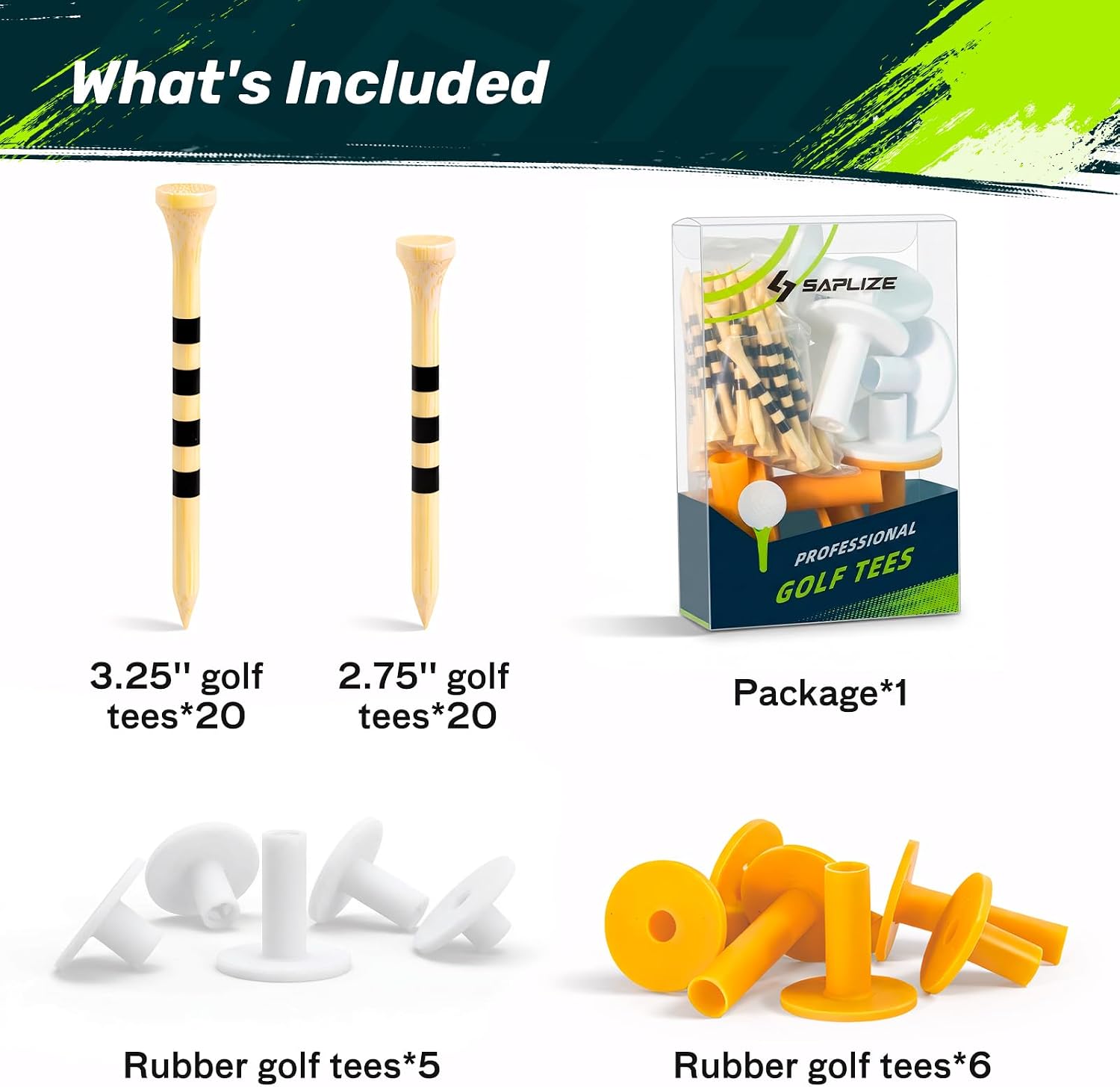 SAPLIZE 51/45/6 Pcs Rubber Golf Tees for Mats, Golf Mat Tee Set for Driving Range & Simulator, Durable Unbreakable Rubber Tees, 11 Rubber Tees + 40 Bamboo Golf Tees (2-3/4'' & 3-1/4'', 20 Each)