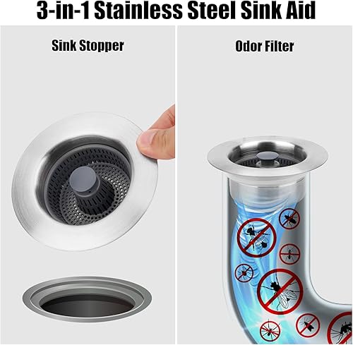 Miniatura 4 de Ayuda de fregadero de acero inoxidable 3 en 1, filtro de desagüe para fregadero de cocina, filtro antiobstrucción, tapón para fregadero de cocina,