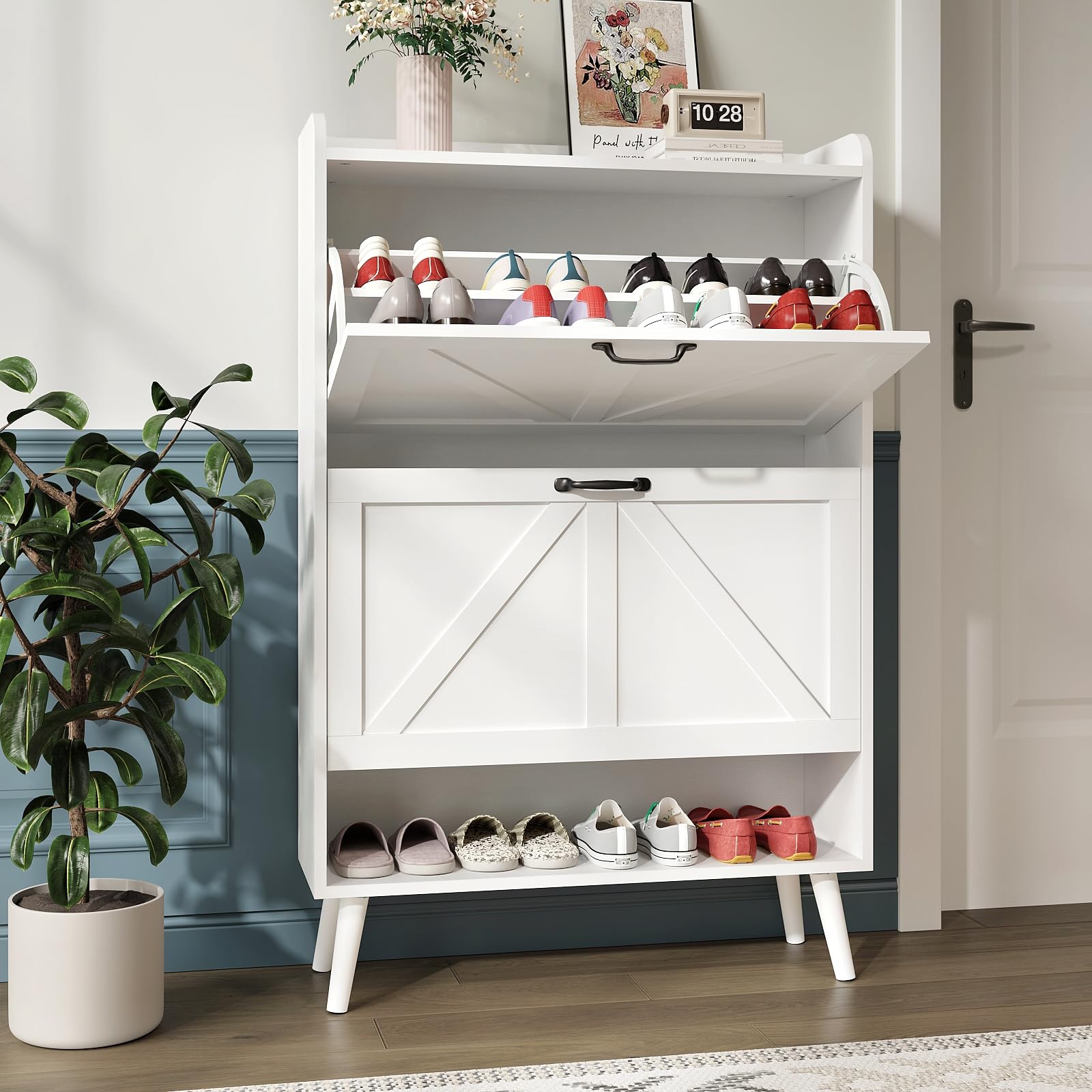 NOVAMAISON Shoe Cabinet with 2 Flip Drawers, Freestanding Shoe Storage Cabinet for Entryway, Farmhouse Shoe Organizer Cabinets with Wood Legs, Narrow