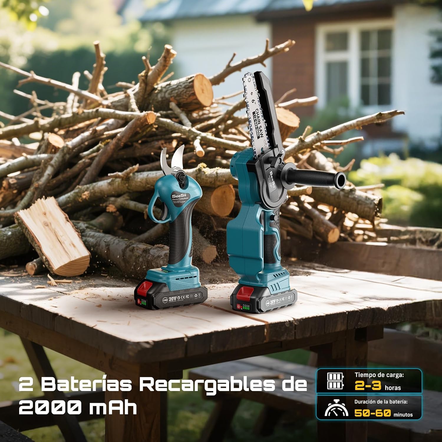 SEESII Mini motosierra a batería de 6 pulgadas y tijeras de podar eléctricas de 33 mm, kit de herramientas de jardín 2 en 1 con baterías de 22000 mAh, motor sin escobillas, ideal para cortar troncos y ramas