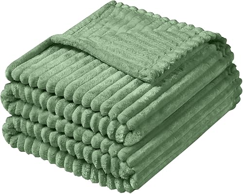 Vista 269 de Vessia Manta de franela de forro polar, 300GSM, acogedora manta a rayas verde salvia para sofá, cama y sofá, cálida y suave, acogedora manta
