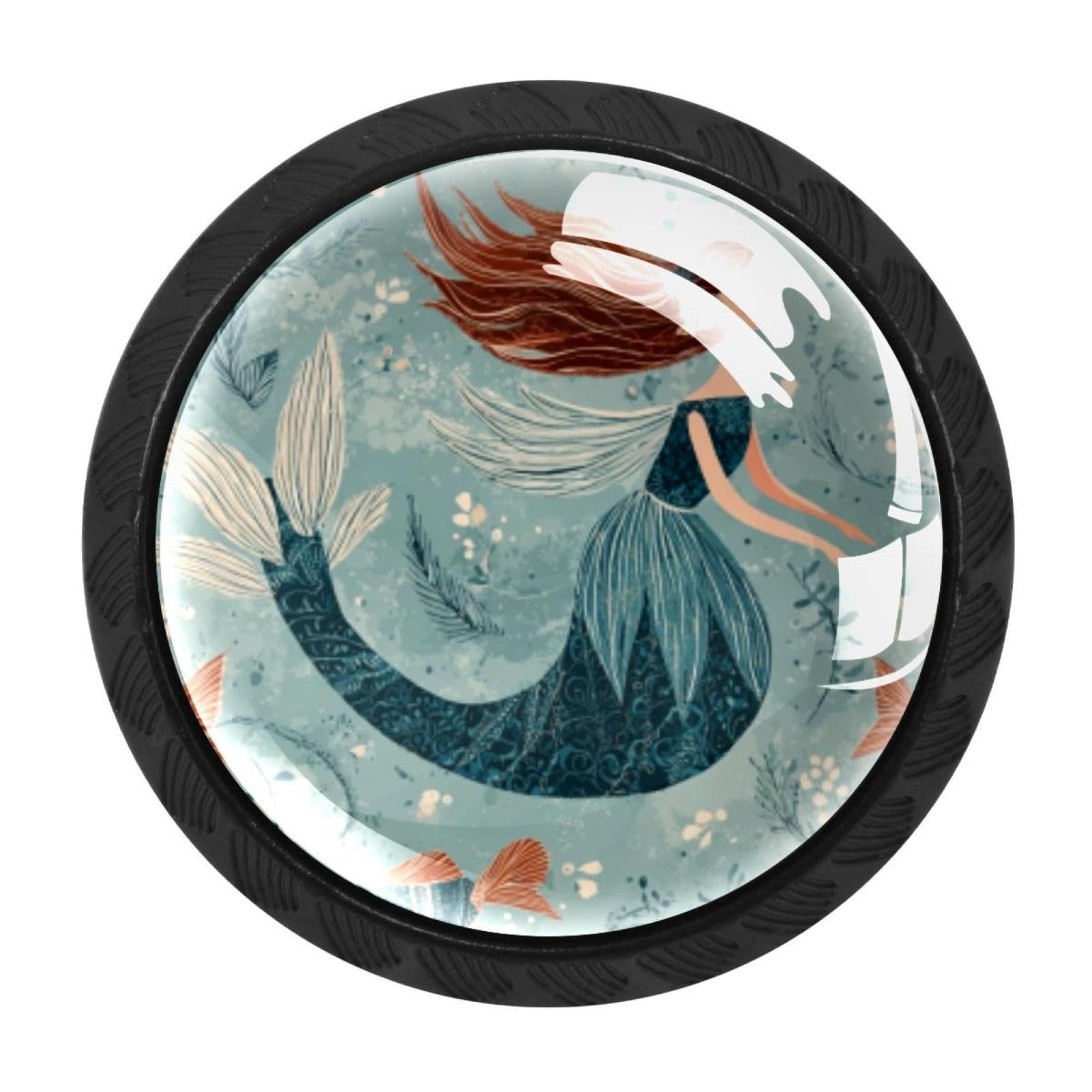 CHENZZZZ 4 Pack Black Fish Mermaid Pattern Drawer Knobs, Cabinet Knobs Round Glass Knobs for Kitchen Cabinet Hardware Bathroom 35MM