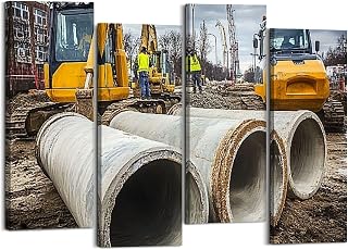Canvas Wall Art Prints concrete drainage pipes bulldozers construction equipments 4 Piece Framed Wall Art Painting Pictures Artwork Posters Home Decor for Living Room Bedroom Office Gift