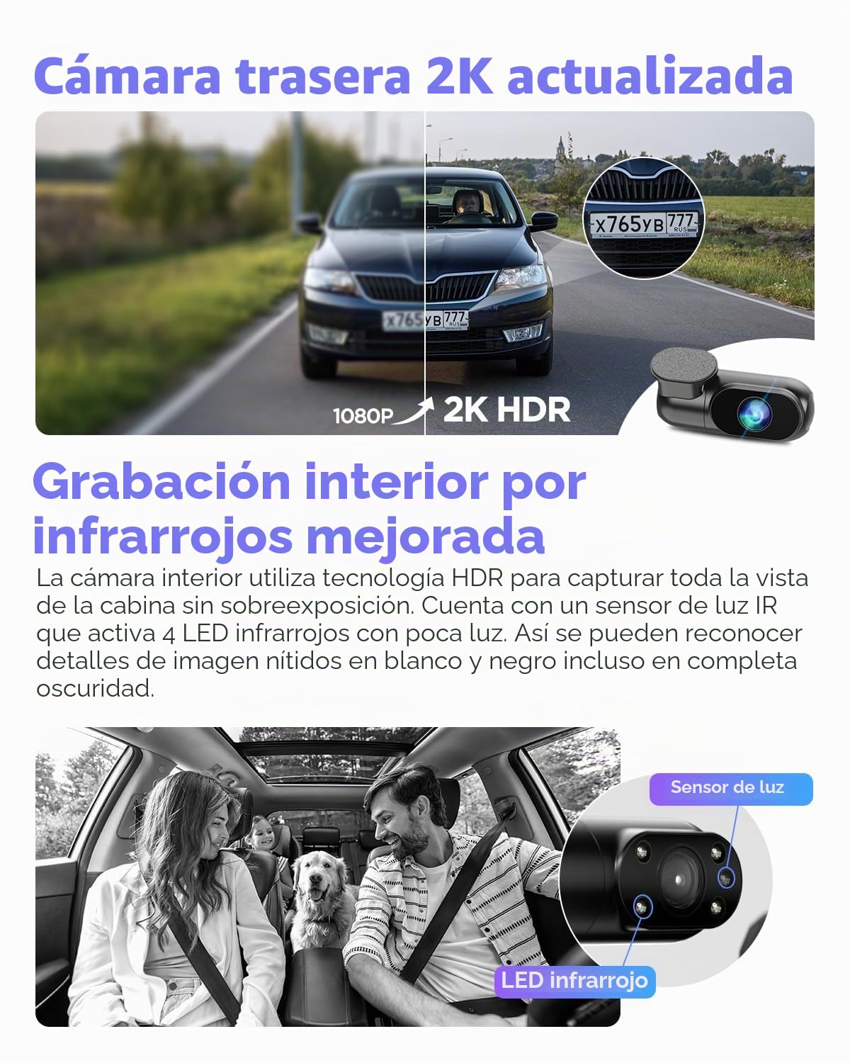 VIOFO A229 Pro 3 Lens 4K + 2K + 1080P, Dual STARVIS 2, HDR delantero trasero interior Dashcam coche, control de voz y cámara de coche Wi-Fi de 5 GHz, GPS ultrapreciso, visión nocturna 2.0, salida de