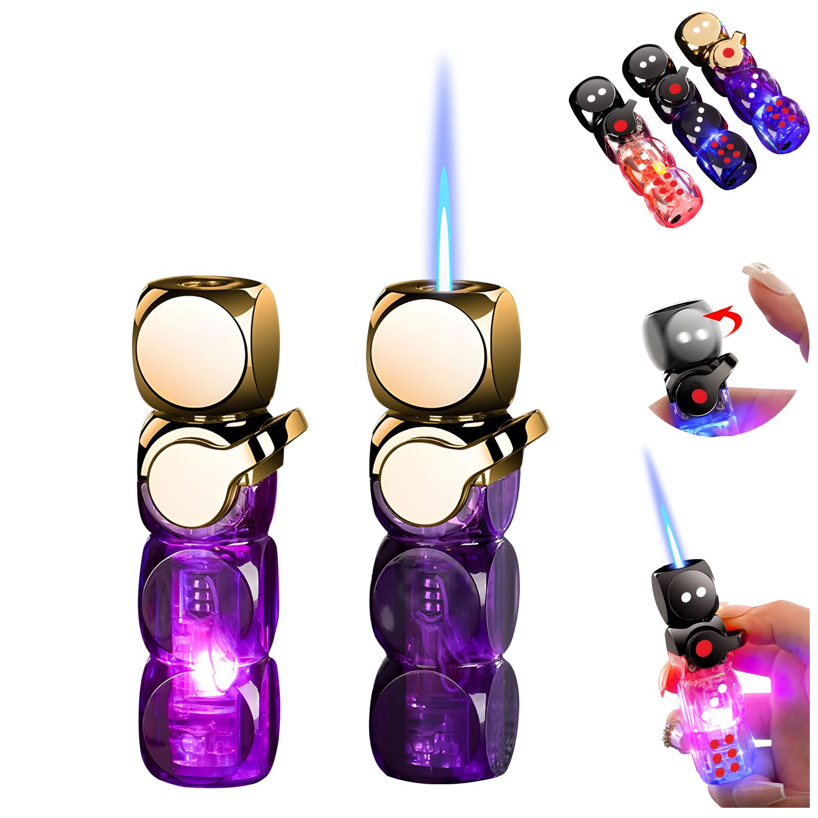 360 Spinning Dice Lighter Windproof Jet Blue Flame LED Multicolor Dice Butane Lighter T15 Luminous Dice Lighters Refillable