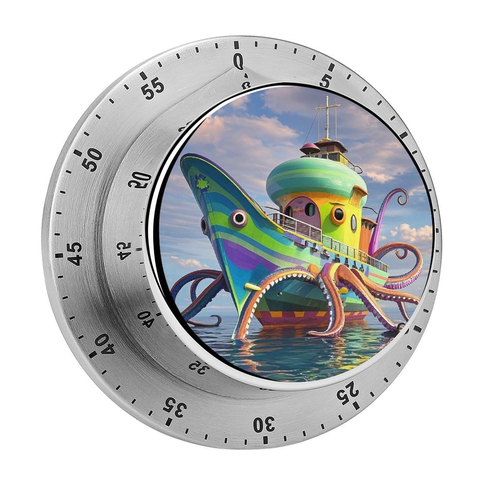 Octopus Ship Timer with Loud Alarm Precision 60 Minute Wind Up Timer Portable Manual Countdown Timers Exquisite Stainless Magnetic Kitchen Timers for Cooking Chef Clock