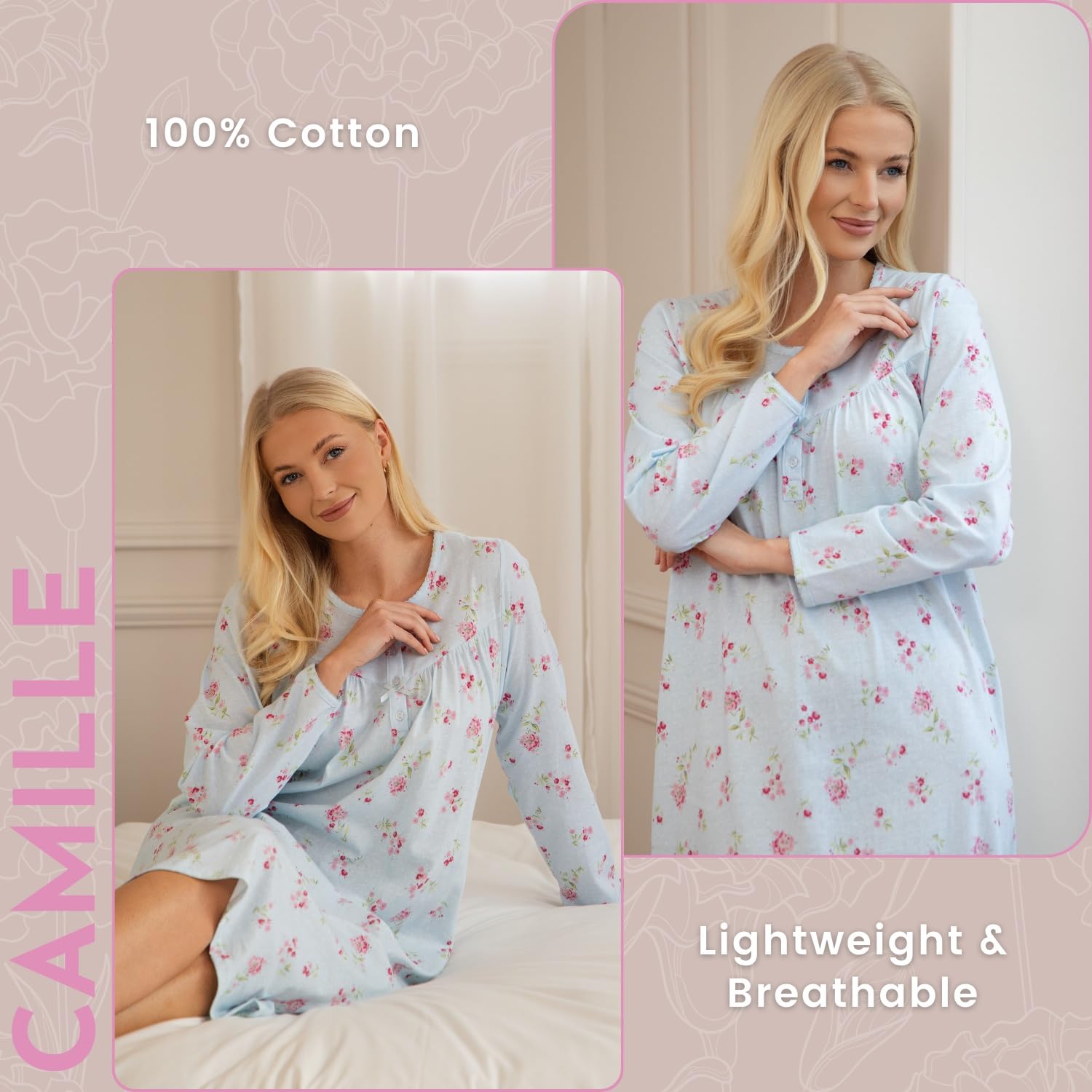 Camille Camicia da notte da donna a maniche lunghe, 100% cotone, con chiusura a bottoni e scollo rotondo