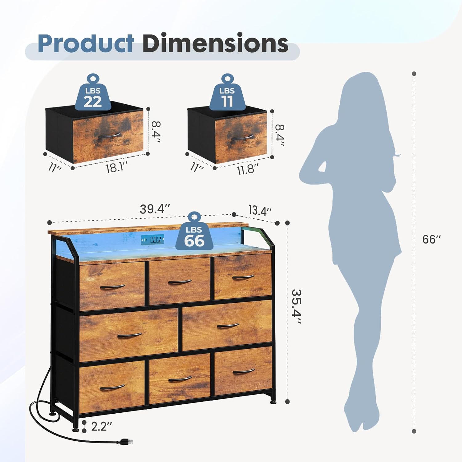 DUMOS TV Stand Dresser with 8 Fabric Drawers, 8-Drawer Chest of Drawers with APP Control LED Lights and Type-C Charging Station, Fabric Storage Tower TV Stand for Living Room, Brown