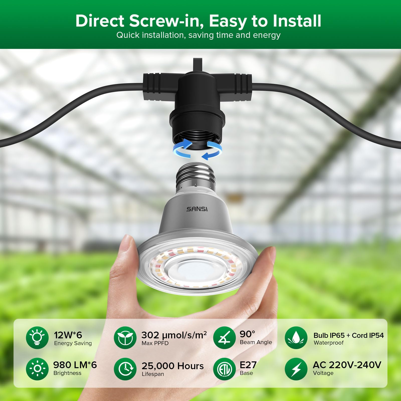 SANSI Lámpara de Planta con 6 Bombillas de Crecimiento LED E27 12W, Luz de Cultivo Espectro Completo IP54 Impermeable para Germinación y Floración Plantas Interiors Exteriores - 6,7 Metros | Con 6 bombillas E27 de 12 W para plantas de interior, invernader