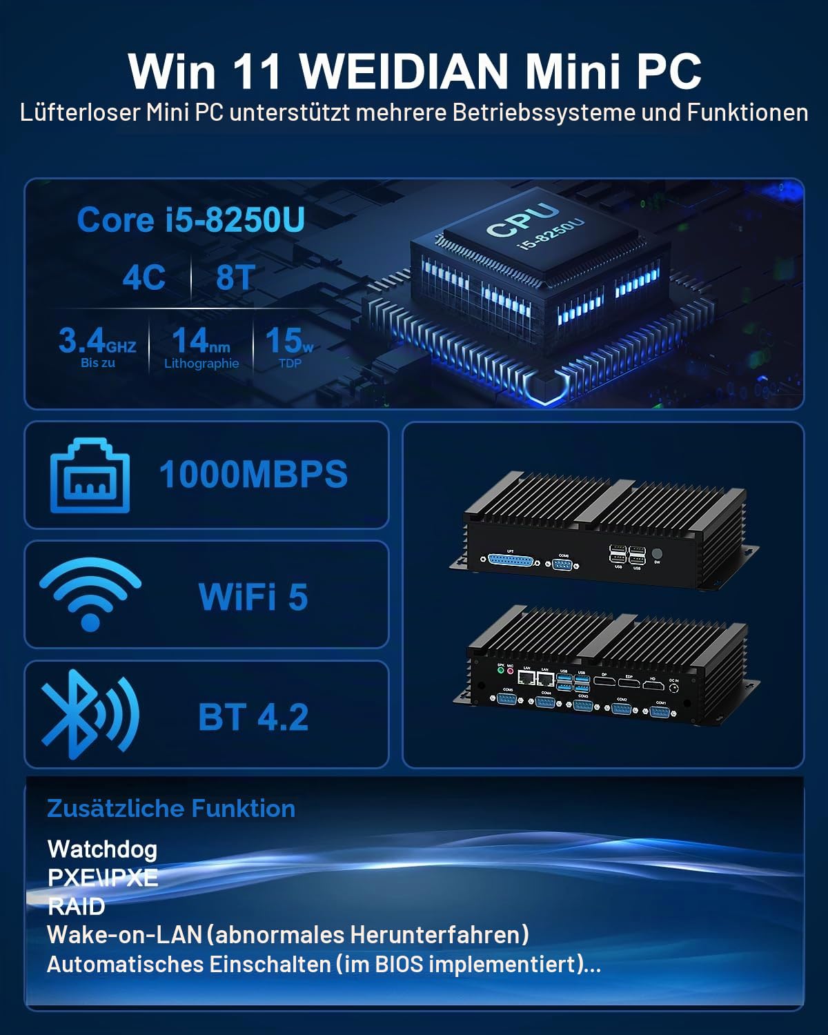WEIDIAN Industrie PC Lüfterloser i5-8250U Fanless Mini PC Win 11, 8GB RAM 256GB SSD Lüfterlos PC Support Linux 6xCOM(RS232/485) 4K 3xDisplays(HD+DP+EDP) 2LAN 8USB LPT WiFi5&BT Business Industrial